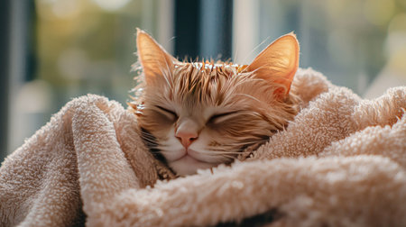 A cozy post-bath scene of a cat being dried with a fluffy towel, enjoying the warmth, with a relaxed expression and wet fur slightly puffed upの素材