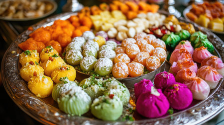 A colorful array of Indian sweets, such as gulab jamun and jalebi, displayed on a decorative platter, inviting viewers to indulge in the rich flavors of Indian desserts.の素材
