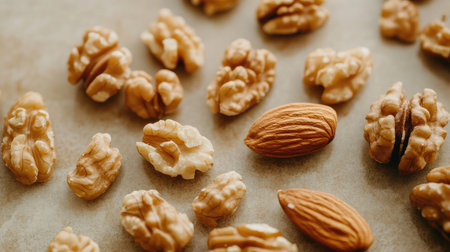 A close-up shot of raw almonds and walnuts scattered on a clean kitchen countertop, highlighting their unique shapes and the appeal of natural ingredients.の素材