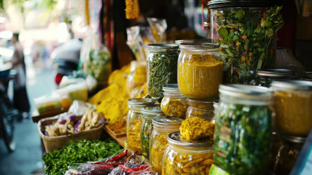 A delightful image of a traditional Thai market stall filled with fresh herbs, spices, and jars of curry paste, capturing the vibrant atmosphere of culinary culture.の素材