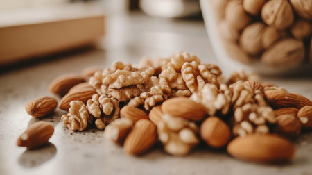 A close-up shot of raw almonds and walnuts scattered on a clean kitchen countertop, highlighting their unique shapes and the appeal of natural ingredients.の素材