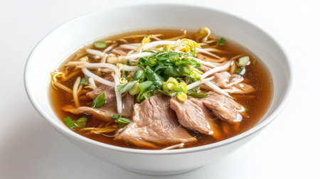 A close-up shot of pork noodle soup with tender slices of pork, bean sprouts, and green onions in a clear broth, served on a plain white background.の素材