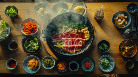 A cozy setting with a steaming pot of shabu at the center of a wooden dining table, surrounded by colorful bowls of sauces and side dishes, inviting viewers to join the meal.の素材