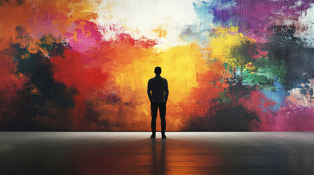 A conceptual image of a person standing in front of a large canvas, painting their opinions through art, symbolizing the intersection of creativity and self-expressionの素材