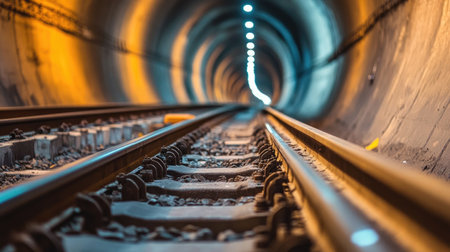 A close-up shot of the tracks inside a subway tunnel, featuring the rails and sleepers, illustrating the engineering behind urban transportation systems.の素材