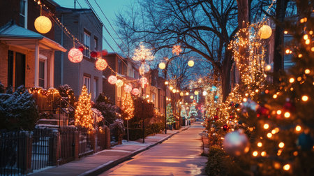 A cozy neighborhood street decorated for a festive season, with twinkling lights and colorful ornaments, creating a joyful and inviting atmosphere for residents and visitorsの素材