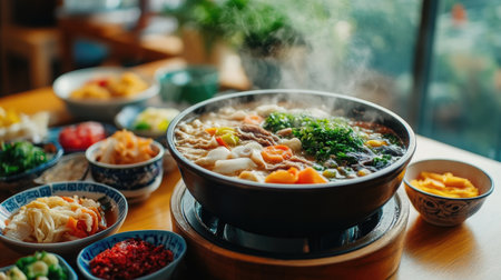A cozy setting with a steaming pot of shabu at the center of a wooden dining table, surrounded by colorful bowls of sauces and side dishes, inviting viewers to join the meal.の素材