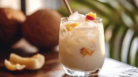 A delightful photo of a refreshing drink made with coconut milk, ice, and tropical fruits, served in a clear glass, evoking a sense of relaxation and tropical blissの素材