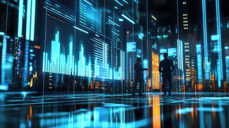 A detailed 3D bar chart on a digital screen, with financial analysts in the background discussing market trends, highlighting rising profits.の素材