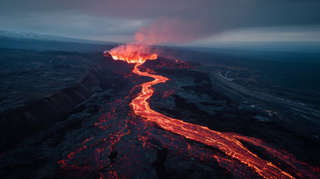 A breathtaking view of a volcano in full eruption, showcasing a glowing river of lava flowing across a dark landscape, surrounded by ominous skies, a true display of nature's power.の素材
