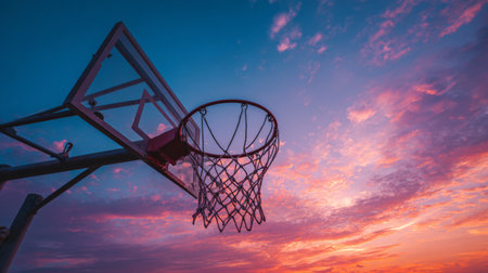 Experience the beauty of a basketball hoop framed against a stunning sunset, showcasing a vibrant sky that inspires outdoor sports and recreational activities.の素材
