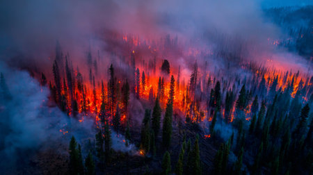 Captivating aerial perspective of a massive wildfire ravaging a forested landscape. The vibrant flames contrast with gray smoke clouds, showcasing nature's fury and resilience.の素材