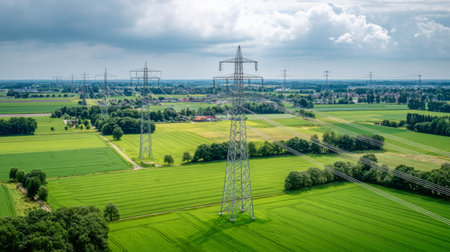 Captivating aerial view showcasing expansive green fields interrupted by electricity pylons under a partly cloudy sky, emphasizing the blend of nature and infrastructure.の素材
