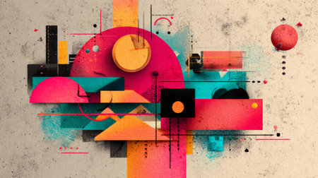 This striking abstract artwork features a dynamic arrangement of colorful geometric shapes, blending vibrant hues and intriguing patterns, ideal for modern spaces.の素材