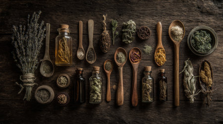 This captivating still life features an elegant display of dried herbs and spices in glass jars and wooden spoons, set against a rustic wooden background. Perfect for culinary inspiration!の素材