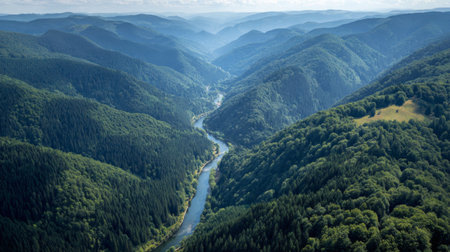 Experience the breathtaking beauty of a winding river flowing through vibrant green mountains, captured from an aerial perspective under a clear blue sky.の素材