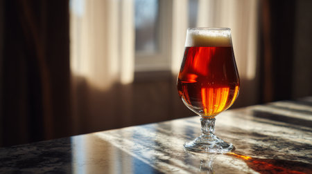 A glass of amber beer sits elegantly on a marble table, illuminated by warm sunlight filtering through soft curtains, creating an inviting atmosphere perfect for relaxation.の素材