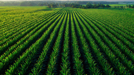 A breathtaking view of a vibrant corn field showcasing perfectly aligned rows of healthy corn plants basking in the bright morning sunlight.の素材