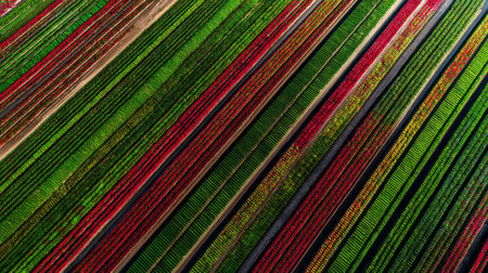 A breathtaking aerial view showcases vibrant flower fields in diverse colors, creating a stunning natural palette. Experience the beauty of spring in full bloom.の素材