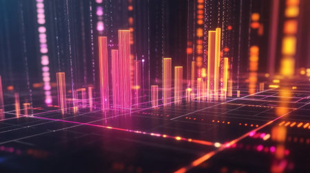 A futuristic 3D bar chart displaying rising financial data, with glowing bars and grid lines, representing profits and investment growth.の素材
