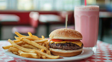 A nostalgic image of classic diner-style French fries on a checkered tablecloth, served with a juicy burger and milkshake, evoking the charm of retro dining.の素材
