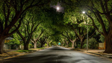 A peaceful night street lined with tall, lush green trees creates a serene atmosphere under soft moonlight and street lamps, inviting tranquility and calmness.の素材