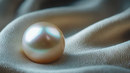 A close-up of a single lustrous pearl resting on a velvet cushion, showcasing its smooth surface and iridescent sheen under soft lightingの素材