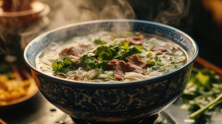 A beautifully arranged bowl of Pho, steaming hot with fresh herbs, slices of beef, and rice noodles, set against a vibrant backdrop of traditional Vietnamese decorの素材