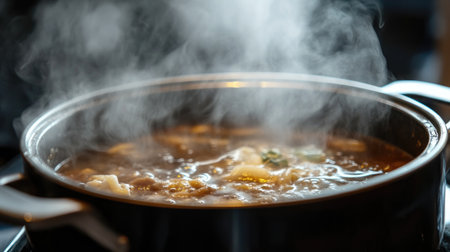 A close-up shot of a bubbling pot of shabu broth on a tabletop stove, with steam rising and ingredients cooking, showcasing the enticing and interactive dining experience.の素材