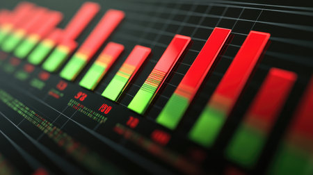 A 3D bar chart illustrating market fluctuations, with red and green bars highlighting gains and losses, presented in a sleek, professional styleの素材
