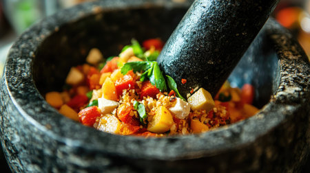 A close-up of a traditional mortar and pestle with freshly prepared Som Tum, highlighting the texture of the ingredients being crushed and mixed together.の素材