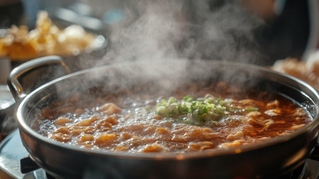 A close-up shot of a bubbling pot of shabu broth on a tabletop stove, with steam rising and ingredients cooking, showcasing the enticing and interactive dining experience.の素材