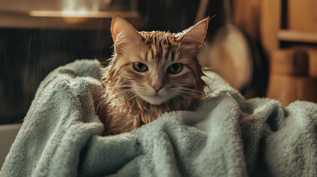 A cozy post-bath scene of a cat being dried with a fluffy towel, enjoying the warmth, with a relaxed expression and wet fur slightly puffed upの素材