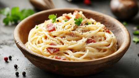 A mouth-watering photo of spaghetti carbonara, with creamy sauce, crispy pancetta, and a sprinkle of black pepper, served in a rustic bowl, highlighting comfort food at its best.の素材