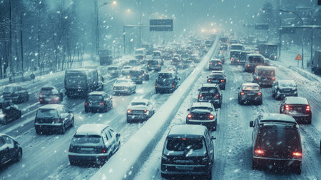 A gripping scene of heavy snowfall causing traffic chaos on a highway, with stranded vehicles and snow-covered roads, capturing the challenges of winter weather.の素材