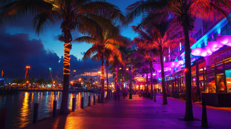A lively waterfront promenade at night, with palm trees illuminated by colorful lights, capturing the essence of relaxation and enjoyment in a tropical settingの素材