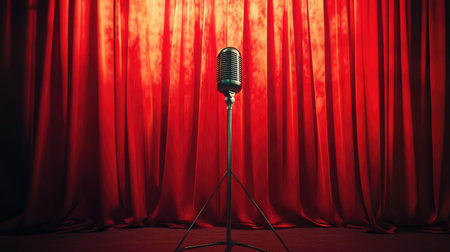 A microphone standing tall on a stage with curtains in the background, waiting for a performer to step into the spotlight.の素材
