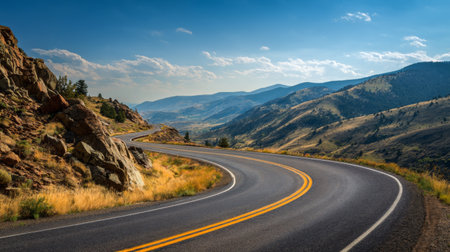 Enjoy a stunning view of a winding road meandering through majestic mountains, framed by a bright blue sky and vibrant greeneryの素材