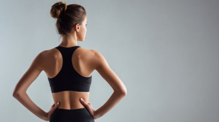A focused young woman in black sportswear poses confidently against a gray background, emphasizing her athletic build and dedication to fitness and health.の素材