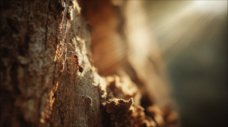 This stunning close-up captures an ant climbing on textured tree bark, illuminated by soft, warm sunlight, showcasing the beauty of nature and the life within it.の素材