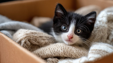 A charming black and white kitten nestled comfortably in a warm wool blanket, peeking curiously from its cozy cardboard box, radiating innocence and playfulness.の素材
