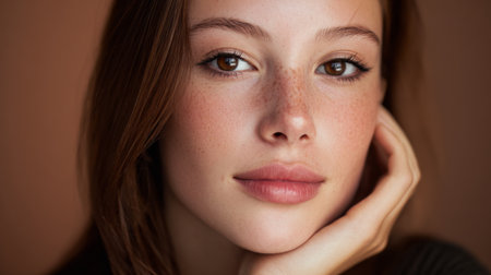 A captivating close-up portrait of a young woman with freckles, exuding a serene beauty against a warm brown backdrop, showcasing natural makeup and a thoughtful expression.の素材