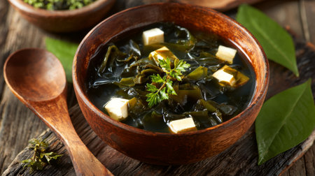A vibrant bowl of homemade seaweed soup with tofu, garnished with fresh herbs, offers a healthy and hearty meal, perfect for cozy dining experiences.の素材