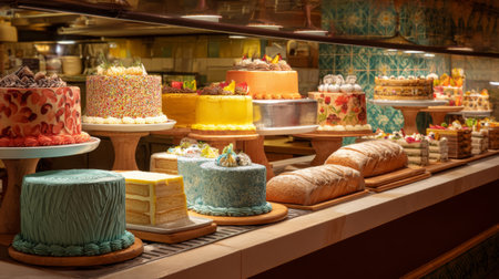 A vibrant array of beautifully crafted cakes displayed in a bakery. Each cake features unique designs with colorful frostings and fresh fruit accents, inviting a sweet temptation.の素材