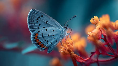 A breathtaking close-up of a blue butterfly resting on an orange flower, showcasing intricate details and vibrant colors. This serene nature scene captivates with its beauty.の素材