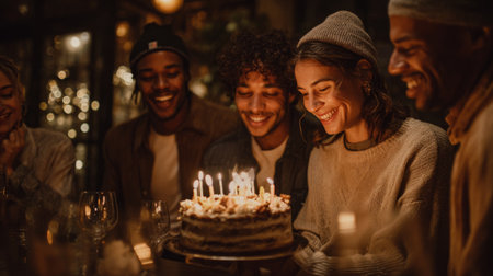 A delightful night gathering featuring friends celebrating a birthday with a beautifully decorated cake. Laughter, joy, and warm ambiance enhance the festive spirit.の素材