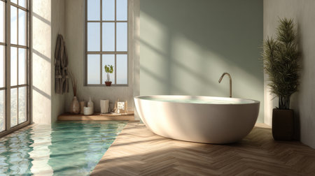 This image features a contemporary bathroom with a freestanding bathtub, abundant natural light, and serene decor elements, creating a calming retreat atmosphere for relaxation.の素材
