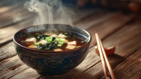 A steaming bowl of soup featuring tofu and seaweed, garnished with fresh green onions. Perfect for showcasing comfort food in a warm and inviting setting.の素材