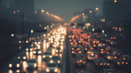 A captivating urban traffic scene at night featuring blurred car lights amidst rainy weather. This image embodies the dynamic nature of city life and movement.の素材
