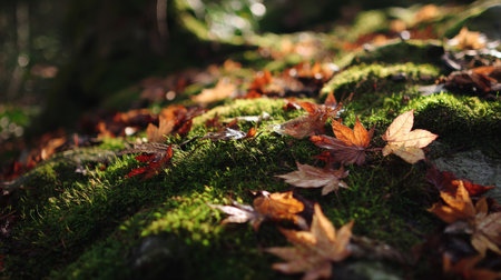 A captivating close-up of autumn leaves in brilliant colors scattered over lush green moss, capturing the essence of nature's beauty during seasonal change.の素材
